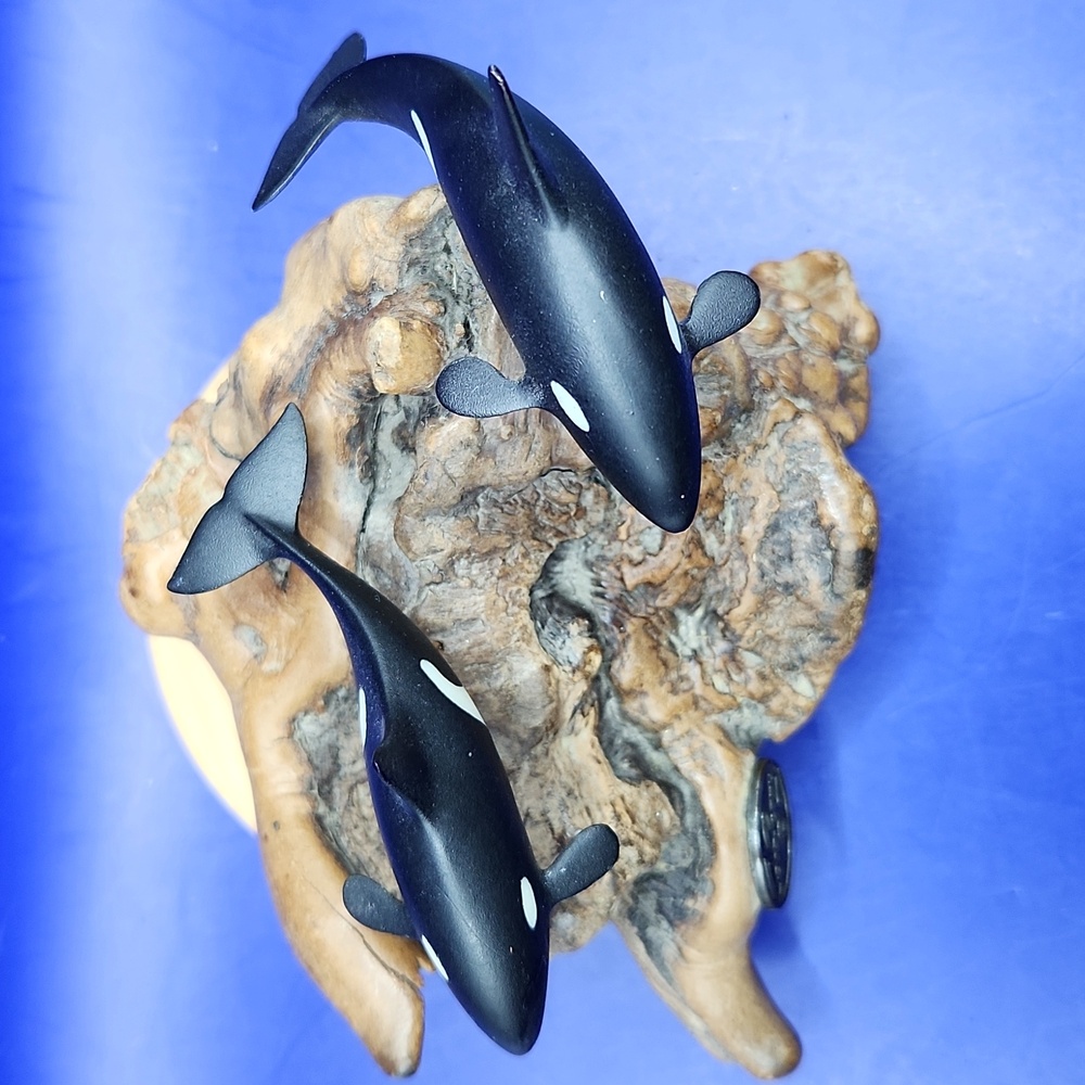 John Perry Orca Killer Whale Duo Sculpture on Burl Wood - Picture 6 of 8